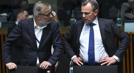 Outgoing Minister Mark Harbers of Infrastructure and Water Management (right) at the European Council vote on the Nature Restoration Law, 17 June 2024