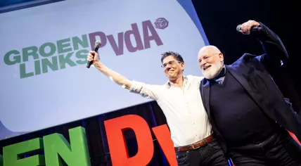 GroenLinks-PvdA European leader Bas Eickhout and party leider Frans Timmermans celebrate after an election victory. 6 June 2024