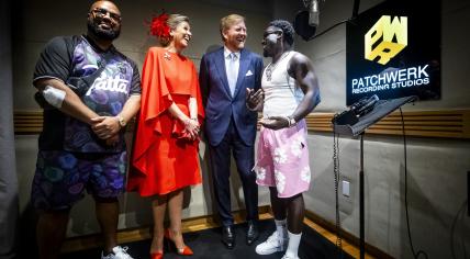 King Willem-Alexander and Queen Maxima meeting with rappers Frenna and Rotjoch during a visit to the Patchwerk Recording Studios in Atlanta, United States. 10 June 2024