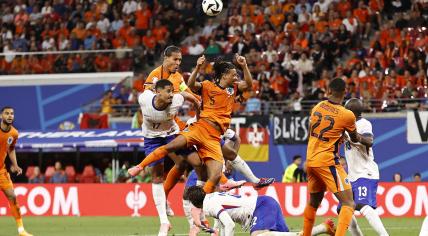 William Saliba of France, Virgil van Dijk of Holland, Nathan Ake of Holland, Theo Hernandez of France, Denzel Dumfries of Holland, N'Golo Kante of France during the UEFA EURO 2024 group D match between the Netherlands and France at the Leipzig Stadium on 21 June 2024 in Leipzig, Germany