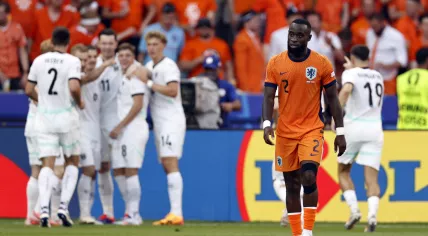Lutsharel Geertruida of the Netherlands disappointed after the 2-3 draw during the UEFA EURO 2024 group D match between the Netherlands and Austria at the Olympiastadion on June 25, 2024 in Berlin, Germany.