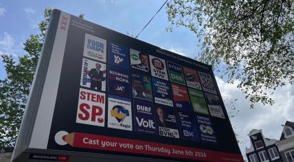 A billboard in Amsterdam showing campaign posters for the European Parliament elections on 6 June 2024