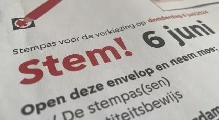 An Amsterdam voter registration pass for the 2024 European Parliament election and a referendum on the capital’s green spaces plan. 6 June 2024