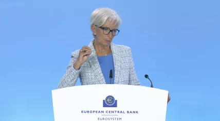ECB President Christine Lagarde discussing the decision to cut interest rates during a press conference. 6 June 2024