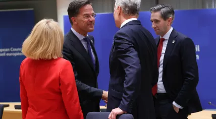 Mark Rutte at his final EU Summit as the Dutch prime minister, shaking hands with Austrian Chancellor Karl Nehammer as Prime Ministers Evika Siliņa of Latvia and Simon Harris of Ireland look on. 27 June 2024
