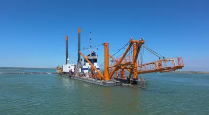A Van Oord cutter suction dredger completing work on a 72-kilometer access channel in the Caspian Sea near Kazakhstan. 2017