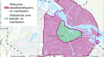 A map showing the environmental zones taking effect in Amsterdam on 1 January 2025. The green is an emission-free zone for all commercial vehicles and vans, the red bans the most polluting diesel engines