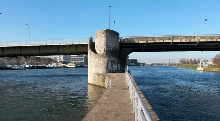 The Wilhelmina Bridge in Maastricht seen from jetty between it and the Sint-servaas bridge, 12 March 2015