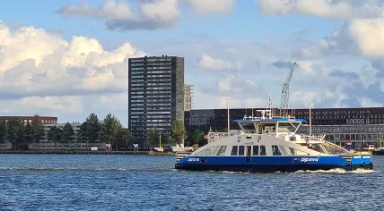A GVB Ferry crossing the IJ River between Azartplein in Amsterdam-Oost and Zamenhofstraat in Amsterdam-Noord. 7 Aug. 2023