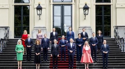 The Schoof I Cabinet's official first photo with King Willem-Alexander on the landing of Huis ten Bosch Palace in The Hague, 2 July 2024