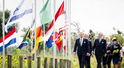 King Willem-Alexander and Piet Ploeg of Stichting Vliegramp MH17 arrive at Vijfhuizen park to commemorate the 10th anniversary of the MH17 disaster, 17 July 2024