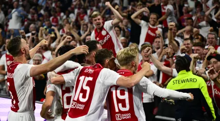 Ajax celebrates Branco van den Boomen's 1-0 during the UEFA Europa League 2nd preliminary round match between Ajax Amsterdam and FK Vojvodina at the Johan Cruijff ArenA on July 25, 2024 in Amsterdam, Netherlands.