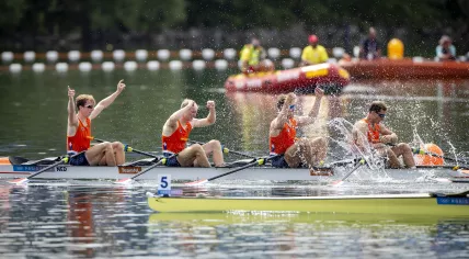 Lennart van Lierop, Finn Florijn, Tone Wieten and Koen Metsemakers win a gold medal during the men's double four final at the Olympic rowing tournament during the Summer Games in the French capital.