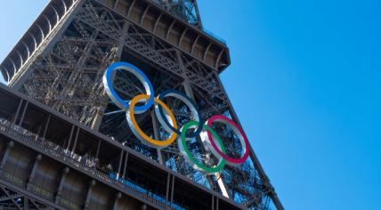 The Olympic rings on the Eiffel Tower in Paris, 7 June 2024