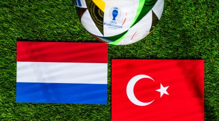 DORTMUND, GERMANY, 2 JULY 2024: Netherland vs Turkey Quarter final of Euro 2024. European Football Championship playoffs and official ball 2024 Adidas EURO24 on green grass