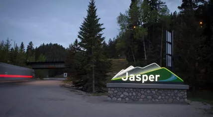 Entrance to the town of Jasper in Alberta, Canada, 1 June 2022