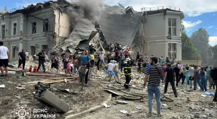 One of buildings of children's hospital Okhmatdyt in Kyiv after Russian missile attack on Ukraine on 8 July 2024