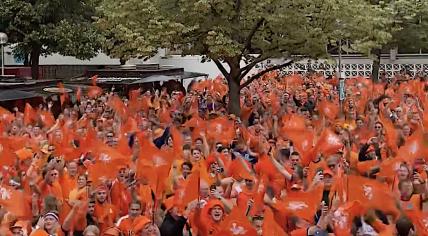 Oranje fans march through Munich to the match against Romania in the European Championship round of 16, 2 July 2024