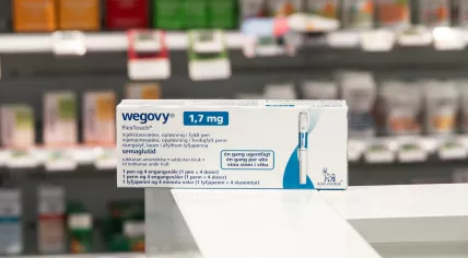 Packaging box of Wegovy (semaglutide), an injectable prescription medication, weight-loss drug by pharmaceutical Novo Nordisk, in a pharmacy