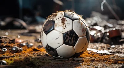 Artist's rendering of a scuffed up football on a dirty pitch