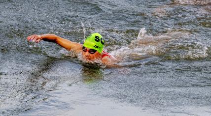 Rachel Klamer swimming in the Seine during the triathlon in the Paris Olympics, 31 July 2024