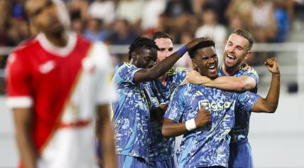 Jorrel Hato of Ajax (m) receives the congratulations after scoring 2-1 during the UEFA Europa League 2nd preliminary round match between FK Vojvodina and Ajax Amsterdam at Karadorde Stadium on August 01, 2024 in Novi Sad, Serbia.