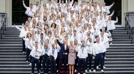 King Willem-Alexander and Queen Maxima during a group photo at Huis ten Bosch Palace with the Dutch medal winners of the 2024 Summer Olympics in Paris