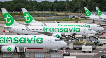 Transavia passenger planes on the tarmac of Eindhoven Airport