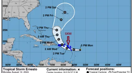 Map showing the expected path of Tropical Storm Ernesto as of 12 August 2024, 5 p.m. AST
