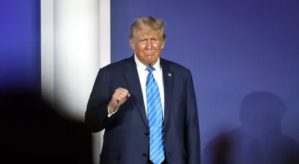 Donald Trump speaking with attendees at the Republican Jewish Coalition's 2023 Annual Leadership Summit at the Venetian Convention & Expo Center in Las Vegas, Nevada. 28 October 2023