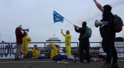 Extinction Rebellion activists protesting against cruise ships at IJmuiden