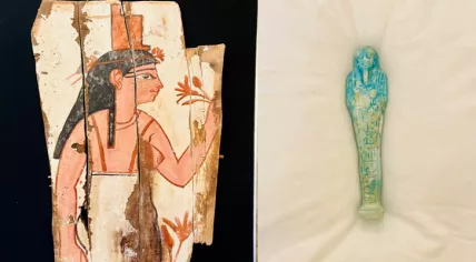 Photo left: Painting of a Sarcophagus: a painting of the goddess Isis, from the Roman period (ca. 30 BC – 642 AD). Photo right: Faience Shabti for Ipethemetes: a small statuette with the inscription "Illumination of Osiris, Ipethemetes, born of Hathoremakhet, justified".