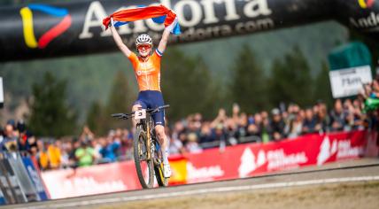 Puck Pieterse is the first to cross the finish line of the UCI Cross Country Women Elite, XCO, Mountain Bike World Championship, 2024.