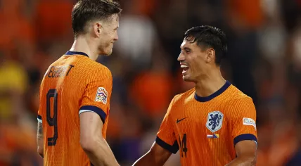 Wout Weghorst of Holland, Tijjani Reijnders of Holland celebrate the 4-2 during the UEFA Nations League match between Netherlands and Bosnia and Herzegovina at Phillips Stadium on September 7, 2024 in Eindhoven, Netherlands.