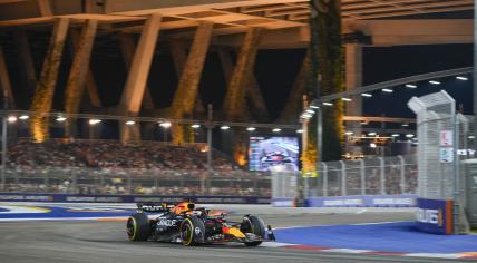 Red Bull driver Max Verstappen of the Netherlands steers his car during the Singapore Formula One Grand Prix at the Marina Bay Street Circuit, in Singapore, Sunday, Sept. 22, 2024.