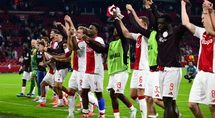 Ajax celebrates the 4-0 victory during the UEFA Europa League match between AFC Ajax Amsterdam and Besiktas JK at Johan Cruijff ArenA on September 26, 2024 in Amsterdam, Netherlands.