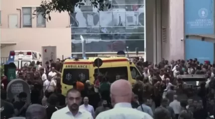 An ambulance arrives at the American University Medical Center in Beirut after pagers and walkie-talkies exploded in an apparent Israeli strike against Hezbollah. 18 September 2024