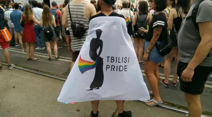 Europride Vienna 2019 participant wearing the logo of Tbilisi Pride