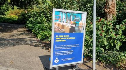 Police sign in Rotterdam's Kralingen neighborhood asking for information on a gang rape on 12 January 2004, September 2024