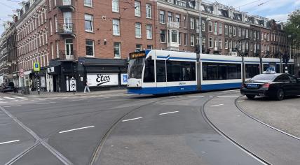 A GVB tram in Amsterdam after city public transport workers went on strike for a decent early retirement scheme, 10 September 2024