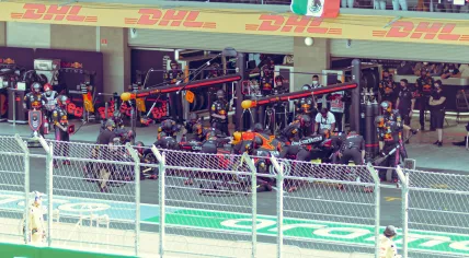 Max Verstappen in Red Bull #33 during a pit stop at the 2021 Mexico City Grand Prix. 7 November 2021