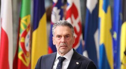 Prime Minister Dick Schoof answers questions from reporters ahead of a European Council meeting. 17 October 2024