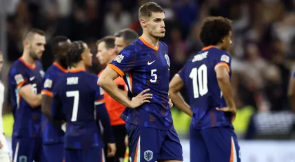  A disappointed Micky van de Ven of the Netherlands after the UEFA Nations League match between Germany and Netherlands at the Allianz Arena on October 14, 2024 in Munich, Germany.