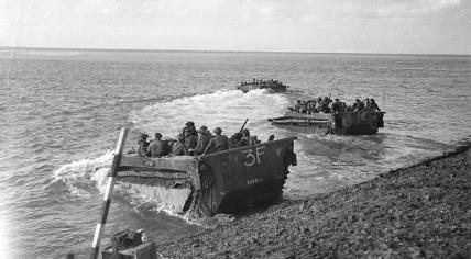 'Buffalo' amphibious vehicles taking troops of the Canadian First Army across the Scheldt, 1944.