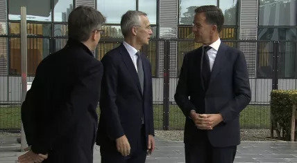 NATO Secretary General Jens Stoltenberg welcomes his replacement, Mark Rutte, moments before handing over leadership tasks at NATO Headquarters. 1 October 2024