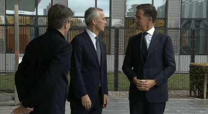 NATO Secretary General Jens Stoltenberg welcomes his replacement, Mark Rutte, moments before handing over leadership tasks at NATO Headquarters. 1 October 2024