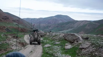 Dutch soldiers patrol the area around Camp Marmal in Afghanistan, March 2021