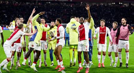 Ajax players celebrate the victory during the Dutch Eredivisie match between Ajax Amsterdam and PSV Eindhoven at the Johan Cruijff ArenA on November 2, 2024 in Amsterdam, Netherlands.