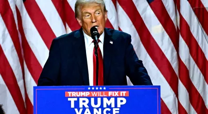 Former US President and Republican presidential candidate Donald Trump speaks during an election night event at the West Palm Beach Convention Center in West Palm Beach, Florida, on November 6, 2024. Republican former president Donald Trump closed in on a new term in the White House early November 6, 2024, just needing a handful of electoral votes to defeat Democratic Vice President Kamala Harris.