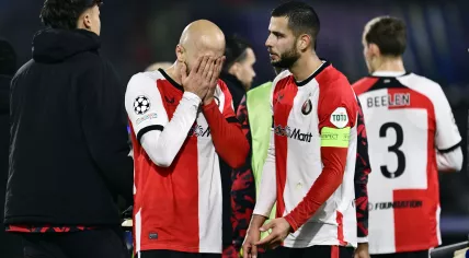 Gernot Trauner of Feyenoord, David Hancko of Feyenoord show their disappointment after the UEFA Champions League match between Feyenoord Rotterdam and FC RB Salzburg at Feyenoord Stadion de Kuip on November 6, 2024 in Rotterdam, Netherlands.